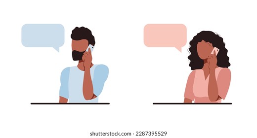 Person speak on smartphone. Tanned man and woman avatars for support, assistance, call center. Personal assistant. Vector flat illustration