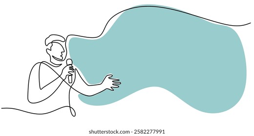 Person speaking into a microphone in a continuous line drawing. Represents public speaking, media, or presentation. Vector illustration hand drawn.