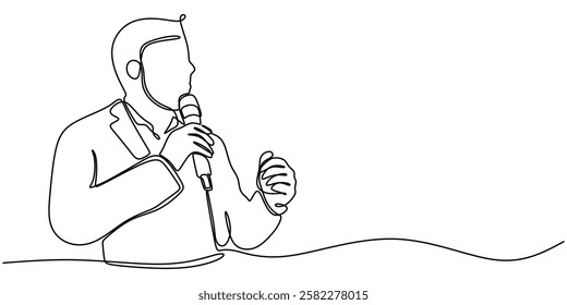 Person speaking into a microphone in a continuous line drawing. Represents public speaking, media, or presentation. Vector illustration hand drawn.