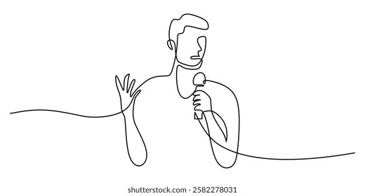 Person speaking into a microphone in a continuous line drawing. Represents presentation, public speaking, or voice communication. Vector illustration hand drawn.