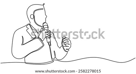 Person speaking into a microphone in a continuous line drawing. Represents public speaking, media, or presentation. Vector illustration hand drawn.