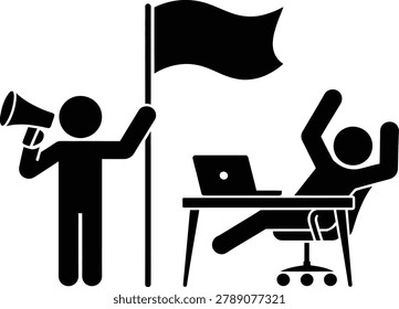 Person speaking with megaphone holding protest flag near seated worker