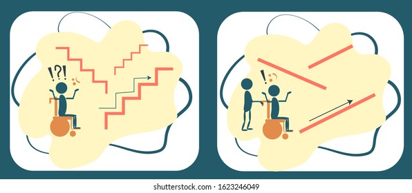 Person with special needs at the stairs. Vector icon set.