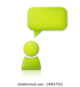 Person with speech bubble. Green vector icon