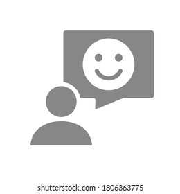 Person with speech bubble and happy face gray icon. Review, feedback symbol.