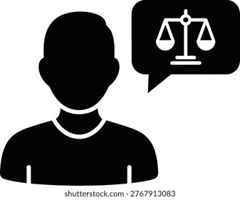 Person with speech bubble and justice scales for legal advice