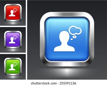 Person with Speech Bubble on Blue Square Button