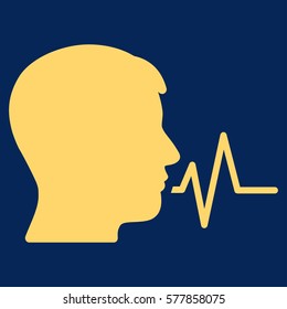 Person Speech Signal vector icon. Flat yellow symbol. Pictogram is isolated on a blue background. Designed for web and software interfaces.