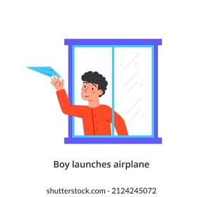 Person spending time at home near window concept. Small smiling boy launches paper airplane. Child playing or having fun. Favorite toy. Cartoon modern flat vector illustration in doodle style