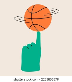 Person spins basketball ball on finger. Colorful vector illustration