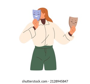 Person with split dual personality, mood swings. Bipolar disorder and duality, psychology concept. Woman with happy and sad, different masks. Flat vector illustration isolated on white background