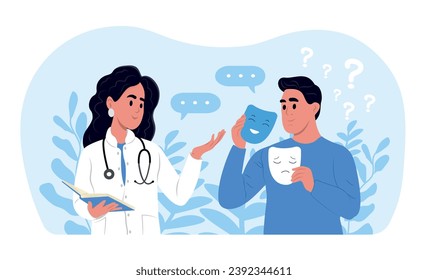 A person with a split personality at a doctor's consultation. A person chooses an emotion, a mood. Bipolar day. Confusion of inner experiences leading to stress, anxiety and life crisis.