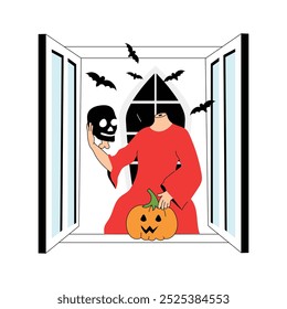 A person in a spooky costume decorates a window with Halloween motifs