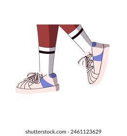 La persona con las botas deportivas en las piernas va, caminando. Zapatillas de deporte, zapatillas de deporte, zapatos de cuero activewear en los pies con calcetines altos. Moda urbana unisex. Ilustración vectorial aislada plana sobre fondo blanco