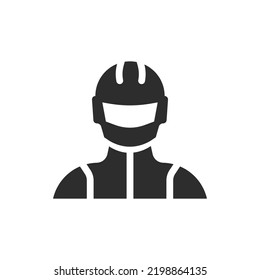 Person in sport racing suit and helmet icon. Monochrome black and white symbol