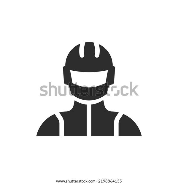 Person in sport racing suit and helmet icon.\
Monochrome black and white\
symbol