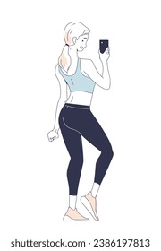 Person in sportswear in gym doodle. Active lifestyle and sport. Fitness and workout. Woman take selfie. Model in sportswear posing. Cartoon flat vector illustration isolated on white background