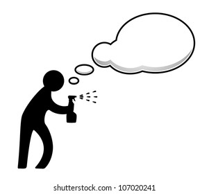 Person with sprayer and speech cloud