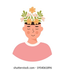 A person with spring flowers in head. Concept of positive thinking, self care, spiritual healthy slow life. Falling in love. Meditation, mindfulness. Hippie. Mental health concept. Vector illustration