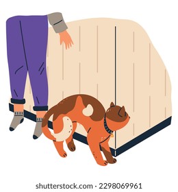 Person spy, observing, sneaking. Character peeping look from behind wall, man pet owner hiding outdoors. Somebody with cute red cat peek, look out, search, eavesdrops on someone elses conversation