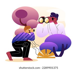 Espionaje personal y observación. Hombres sonrientes con binoculares se esconden detrás de arbustos, miren, se escabullen y siguen a alguien a distancia. Agentes curiosos o personajes sospechosos. Dibujo vectorial plano de dibujos animados