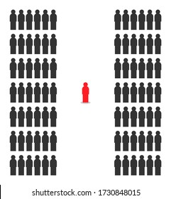 Person standing alone in middle from distance from others. Flat design of social distancing, people keep distance in public society from diseased patient to protect from covid-19 coronavirus outbreak.