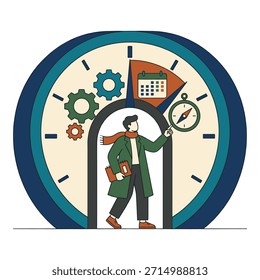 Person standing in an archway with a clock face, gears, a calendar, and a compass, symbolizing time management and organization.