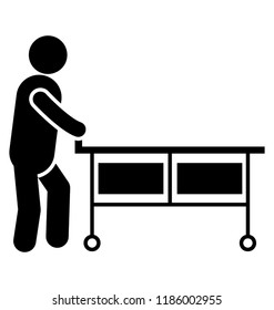A person standing with the bed having wheels depicting the hospital bed of a patient 