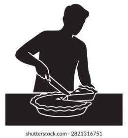 Person standing behind counter cutting pie with knife and lifting slice in simple festive dessert icon style
