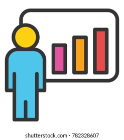 A person standing besides bar graph showing graphic presentation