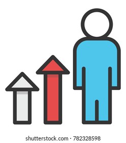 A person standing besides upward arrows symbolising business promotion concept