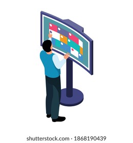Persona parada en gran pantalla del panel de información interactiva Ilustración vectorial isométrica 3d