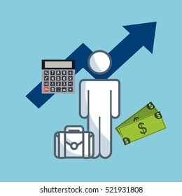person standing with calculator device and green bills over blue background. tax time design. vector illustration