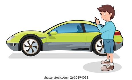 Person standing a car standing next to a light green sports car. Pointing at the car with challenge. Focusing on the person and the car. isolated on white background.