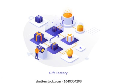 Person standing at control panel and choosing item to present. Concept of holiday gift ideas for everyone, online service for festive surprise search. Modern colorful isometric vector illustration.