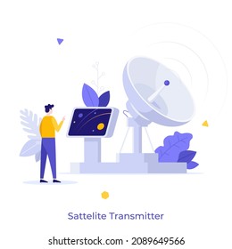 Person standing at control panel and parabolic antenna. Concept of satellite dish or transmitter to receive or transmit signal by radio waves. Modern flat vector illustration for poster, banner.