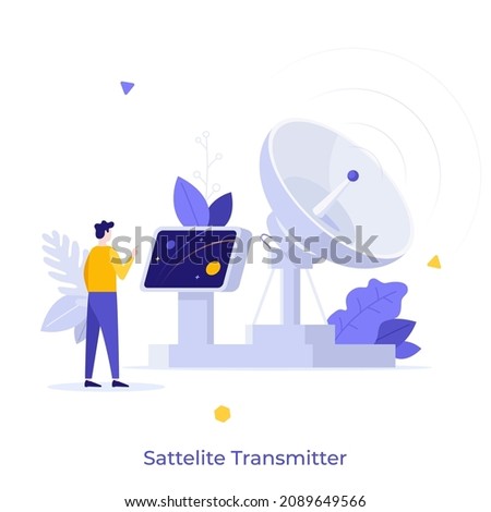 Person standing at control panel and parabolic antenna. Concept of satellite dish or transmitter to receive or transmit signal by radio waves. Modern flat vector illustration for poster, banner.