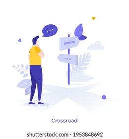 Person standing at crossroad and looking at road guide post. Concept of finding right direction, way or route in business, making choice or decision. Modern flat vector illustration for banner.
