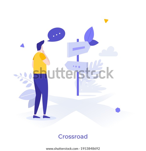 Person standing at crossroad and looking at road\
guide post. Concept of finding right direction, way or route in\
business, making choice or decision. Modern flat vector\
illustration for\
banner.