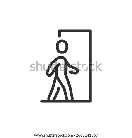 Person standing in doorway, linear icon. Entrance point or access area. Line with editable stroke.