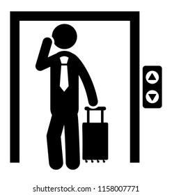 
A person standing in a elevator with his bag 
