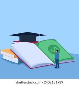 person standing in front of books, money and graduation cap, metaphor of educational scholarship. Simple flat conceptual illustration.