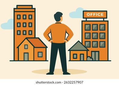 Person standing in front of different property types, representing diverse real estate investment