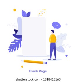 Person standing in front of empty paper sheet. Concept of fear of blank page, writers block, beginning, start of new business porject. Modern flat colorful vector illustration for banner, poster.