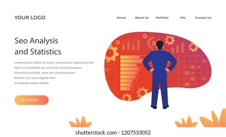 
A person standing in front of seo graph, seo analysis icon 
