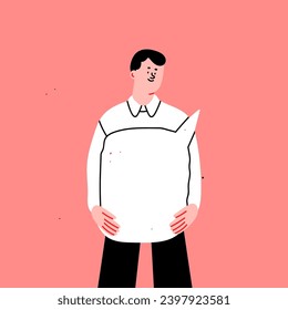 Person standing and holding blank empty Speech bubble. Social media, chat, conversation, message, contact, meeting concept. Cartoon style character. Hand drawn Vector illustration. Isolated element