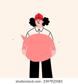 Person standing and holding blank empty Speech bubble. Social media, chat, conversation, message, contact, meeting concept. Cartoon style character. Hand drawn Vector illustration. Isolated element