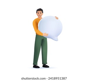 Person standing and holding blank empty Speech bubble 3D. Social media, chat, conversation, message, contact, meeting concept. Cartoon style character. 3D modern Vector illustration. Isolated element