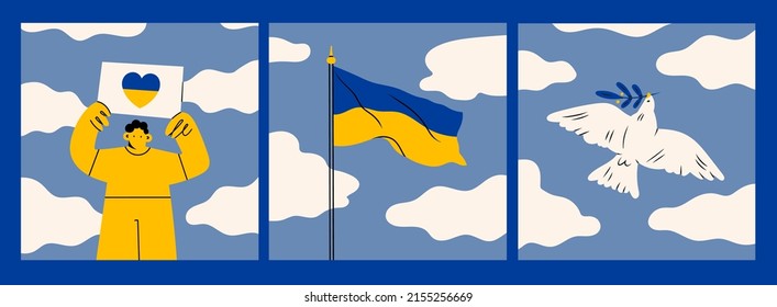 Person standing and holding placard. Blue cloudy sky and Ukrainian Flag. Dove of peace. Stand with Ukraine. Save Ukraine from russia. Peace, democracy, freedom concept. Hand drawn Vector illustrations