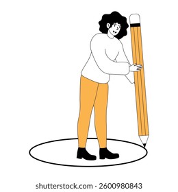 Person standing inside a circle with a giant pencil in a creative activity